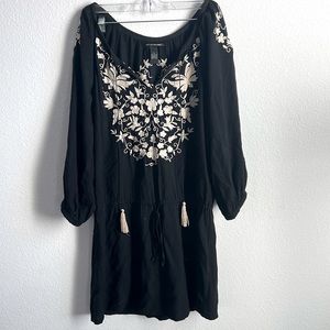 LUCKY BRAND BLACK/TAN DRAWSTRING DRESS, MIDLENGTH